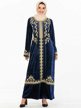 Load image into Gallery viewer, Abaya Muslim Fashion Oversized Size Women's Dark Blue Embroidered Arabic Gold Velvet Dress With Headscarf Moroccan Woman Clothes