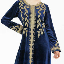 Load image into Gallery viewer, Abaya Muslim Fashion Oversized Size Women's Dark Blue Embroidered Arabic Gold Velvet Dress With Headscarf Moroccan Woman Clothes