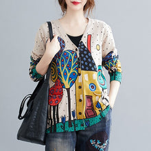 Load image into Gallery viewer, Autumn 2020 Women‘s Knitted Cardigan Vintage Printing V Neck Long Sleeves Pockets Loose Sweater Sweatshirts Casual Mujer Tops