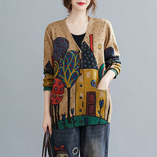 Load image into Gallery viewer, Autumn 2020 Women‘s Knitted Cardigan Vintage Printing V Neck Long Sleeves Pockets Loose Sweater Sweatshirts Casual Mujer Tops