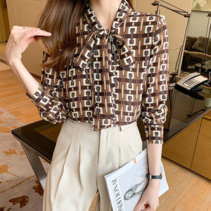 Autumn New Chiffon Shirt Women Tops Fashion Casual Long Sleeved Printed Office Lady Tops Blusas mujer de moda 2021