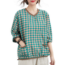 Load image into Gallery viewer, Autumn Spring Fashion 2021 Women Loose Pullover Plaid Print Shirts Knitted V-Neck Elegant Shirts Vintage Shirt Casual Tops