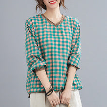Load image into Gallery viewer, Autumn Spring Fashion 2021 Women Loose Pullover Plaid Print Shirts Knitted V-Neck Elegant Shirts Vintage Shirt Casual Tops