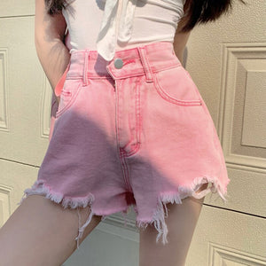 Basic Summer Denim Shorts Women 2021 Korean Style Casual High Waist Cuffed Tassels Ripped Holes Pink Jeans Shorts Female Bottoms