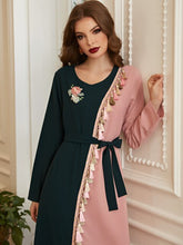 Load image into Gallery viewer, Beautiful Retro Green Powder Hit Color Tassels Handmade Flowers Rhinestones Long-sleeved Muslim Long Skirt Women's Clothing Robe