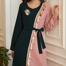 Load image into Gallery viewer, Beautiful Retro Green Powder Hit Color Tassels Handmade Flowers Rhinestones Long-sleeved Muslim Long Skirt Women's Clothing Robe