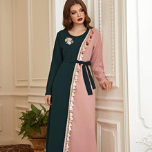 Load image into Gallery viewer, Beautiful Retro Green Powder Hit Color Tassels Handmade Flowers Rhinestones Long-sleeved Muslim Long Skirt Women's Clothing Robe
