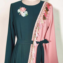 Load image into Gallery viewer, Beautiful Retro Green Powder Hit Color Tassels Handmade Flowers Rhinestones Long-sleeved Muslim Long Skirt Women's Clothing Robe