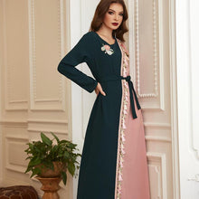 Load image into Gallery viewer, Beautiful Retro Green Powder Hit Color Tassels Handmade Flowers Rhinestones Long-sleeved Muslim Long Skirt Women's Clothing Robe