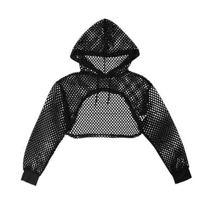 Black Hoodies for Women 2020 Hollow Out Crop Tops Mesh Fishnet Short Sweatshirt Long Sleeve Summer Tops and Pullovers Shirts