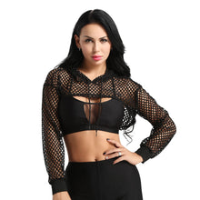 Load image into Gallery viewer, Black Hoodies for Women 2020 Hollow Out Crop Tops Mesh Fishnet Short Sweatshirt Long Sleeve Summer Tops and Pullovers Shirts