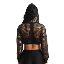 Load image into Gallery viewer, Black Hoodies for Women 2020 Hollow Out Crop Tops Mesh Fishnet Short Sweatshirt Long Sleeve Summer Tops and Pullovers Shirts