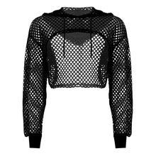 Load image into Gallery viewer, Black Hoodies for Women 2020 Hollow Out Crop Tops Mesh Fishnet Short Sweatshirt Long Sleeve Summer Tops and Pullovers Shirts