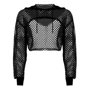 Black Hoodies for Women 2020 Hollow Out Crop Tops Mesh Fishnet Short Sweatshirt Long Sleeve Summer Tops and Pullovers Shirts