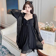 Load image into Gallery viewer, Black Mesh Pajama Sexy Lingerie Dress Bath Robe Nightdress Chest Pad Lace Retro Palace Fairy Two Piece Set Night Wear Women Set