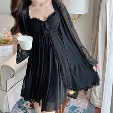 Load image into Gallery viewer, Black Mesh Pajama Sexy Lingerie Dress Bath Robe Nightdress Chest Pad Lace Retro Palace Fairy Two Piece Set Night Wear Women Set