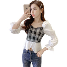 Load image into Gallery viewer, Blouse Women Autumn 2021 New Office Lady Patchwork Plaid Long Sleeve Square Collar Thin White Blusas Womens Tops And Blouses