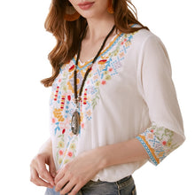 Load image into Gallery viewer, Bohemian 3/4 Sleeve Floral Embroidered Boho Blouse for Women Loose V-Neck Tops Women's Casual Shirt Mexican Peasant Shirts