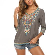 Load image into Gallery viewer, Bohemian 3/4 Sleeve Floral Embroidered Boho Blouse for Women Loose V-Neck Tops Women's Casual Shirt Mexican Peasant Shirts