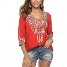 Load image into Gallery viewer, Bohemian 3/4 Sleeve Floral Embroidered Boho Blouse for Women Loose V-Neck Tops Women's Casual Shirt Mexican Peasant Shirts