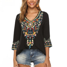 Load image into Gallery viewer, Bohemian 3/4 Sleeve Floral Embroidered Boho Blouse for Women Loose V-Neck Tops Women's Casual Shirt Mexican Peasant Shirts