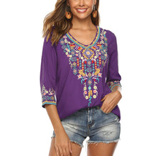 Load image into Gallery viewer, Bohemian 3/4 Sleeve Floral Embroidered Boho Blouse for Women Loose V-Neck Tops Women's Casual Shirt Mexican Peasant Shirts