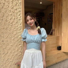 Load image into Gallery viewer, Casual Korean Elegant Blouses Women Backless Bule Sexy Chic Sweet Cute Shirts Puff Sleeve Bow Bandage Fashion Designer Beach Top