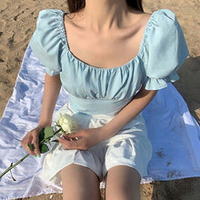 Load image into Gallery viewer, Casual Korean Elegant Blouses Women Backless Bule Sexy Chic Sweet Cute Shirts Puff Sleeve Bow Bandage Fashion Designer Beach Top