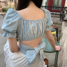 Load image into Gallery viewer, Casual Korean Elegant Blouses Women Backless Bule Sexy Chic Sweet Cute Shirts Puff Sleeve Bow Bandage Fashion Designer Beach Top