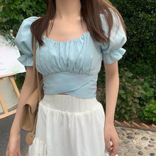 Load image into Gallery viewer, Casual Korean Elegant Blouses Women Backless Bule Sexy Chic Sweet Cute Shirts Puff Sleeve Bow Bandage Fashion Designer Beach Top