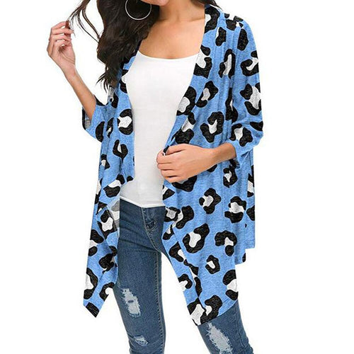 Casual Leopard Print Cardigan Women Tops Spring Autumn Fashion Long Sleeve Shawl Kimono Coat Woman Clothing Blue Blouses