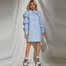 Load image into Gallery viewer, Casual Women's Dresses Bow Polo Collar Long Puff Sleeves Single-Breasted Woman Clothes Autumn Shirt Dress Female Clothing Robe