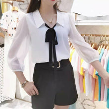 Load image into Gallery viewer, Chiffon Three Quarter Sleeve Shirts Bow Patchwork Design Blouses Spring Fall Casual Tops Korean Trendy Soft Lightweight Clothes
