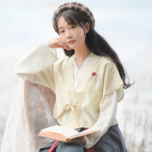 Load image into Gallery viewer, Chinese Style Embroidered Retro Hanfu Three Piece Set Women Diagonal Lace-up V-neck Blouse+Crop Vest+Streamer Pleated Dress Suit