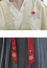 Load image into Gallery viewer, Chinese Style Embroidered Retro Hanfu Three Piece Set Women Diagonal Lace-up V-neck Blouse+Crop Vest+Streamer Pleated Dress Suit