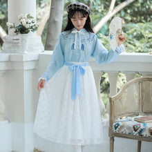 Load image into Gallery viewer, Chinese Style Improved Sweet Retro Hanfu Suit Women Autumn Embroidery Chic Blue Shirt Top+White Lace Fairy Skirt Shorts Sets