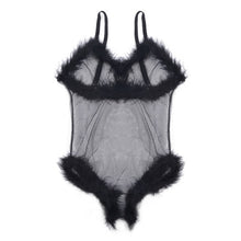 Load image into Gallery viewer, Christmas Costume V-Neck Mesh Sheer Sexy Lingerie Bodysuit Erotic Spaghetti Strap Jumpsuits For Women Feather Patchwork Wear
