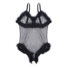 Load image into Gallery viewer, Christmas Costume V-Neck Mesh Sheer Sexy Lingerie Bodysuit Erotic Spaghetti Strap Jumpsuits For Women Feather Patchwork Wear