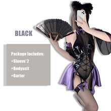 Load image into Gallery viewer, Cosplay Halloween Maid Dress Backless Latex Bodysuit Leather Halter Neck Mesh Patchwork Sexy Pajama Lingerie Anime Costumes Set