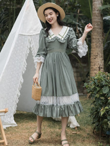 Cottage Style Green Prairie Dress Vintage Mori Girl Peter Pan Collar Petal Sleeve Lace Loose Casual Dresses Retro Lady Vestido