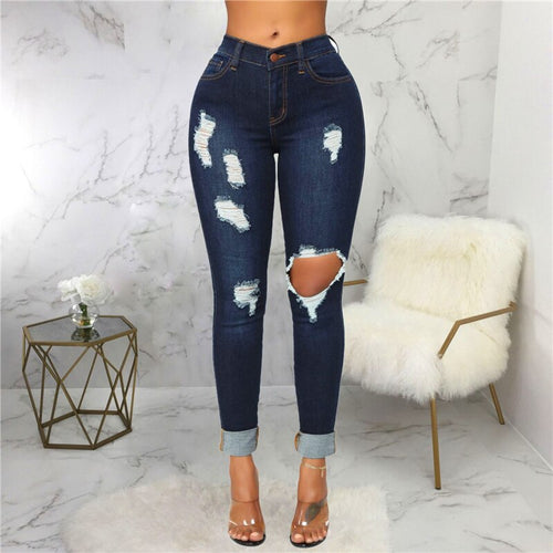 Dark Blue Women Jeans High Waist Sexy Hole Streetwear Denim Trousers High Stretch Skinny Lady Pencil Pants 2021 Summer Female
