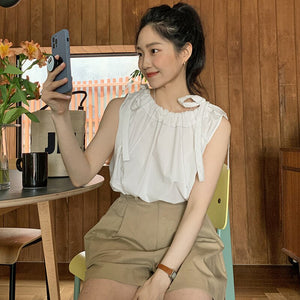 Design Sleeveless Shoulder Bow Sweet Women Blouse Simple Korean Japan Style O Neck Shirts Women Loose Elegant Soft Blusas Mujer