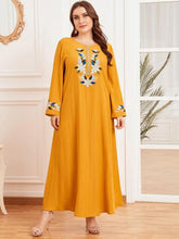 Load image into Gallery viewer, Dubai Abaya Oversized Women's Embroidered Long Sleeve Pleated Ethnic Yellow Printed Casual Round Neck Muslim Long Skirt