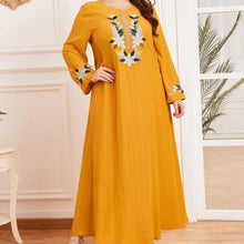 Load image into Gallery viewer, Dubai Abaya Oversized Women's Embroidered Long Sleeve Pleated Ethnic Yellow Printed Casual Round Neck Muslim Long Skirt