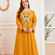 Load image into Gallery viewer, Dubai Abaya Oversized Women's Embroidered Long Sleeve Pleated Ethnic Yellow Printed Casual Round Neck Muslim Long Skirt