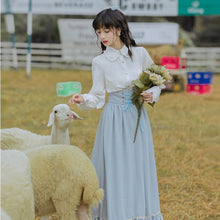 Load image into Gallery viewer, Elegant Lolita 2 Piece Sets Womens Outfits Vintage Peter Pan Collar Lantern Sleeve White Shirt And Bandage Stripe Long Skirt