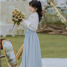 Load image into Gallery viewer, Elegant Lolita 2 Piece Sets Womens Outfits Vintage Peter Pan Collar Lantern Sleeve White Shirt And Bandage Stripe Long Skirt