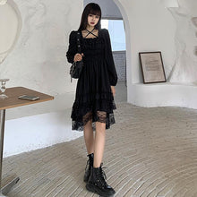 Load image into Gallery viewer, Elegant Square Collar Dresses Spring Women Fashion Irregular Black Dress Lace Patchwork Women Long Sleeve Vestidos Mujer Chic