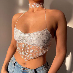 Fairycore Sexy Lace Floral Halter Women Tops Sleeveless Backless Patchwork Female Camis Skinny Sling Tee Streetwear 2022 Summer