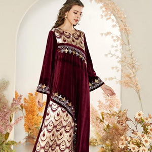 Fashion Arabian Gold Thread Embroidery Muslim Casual Jacquard Stitching Velvet Large Swing Dress Fashion Kaftan Islamic Clothing